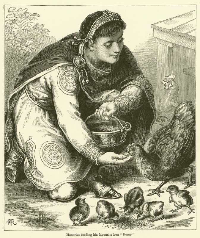 Honorius krmí svou oblíbenou slepici "Řím" (rytina) od English School