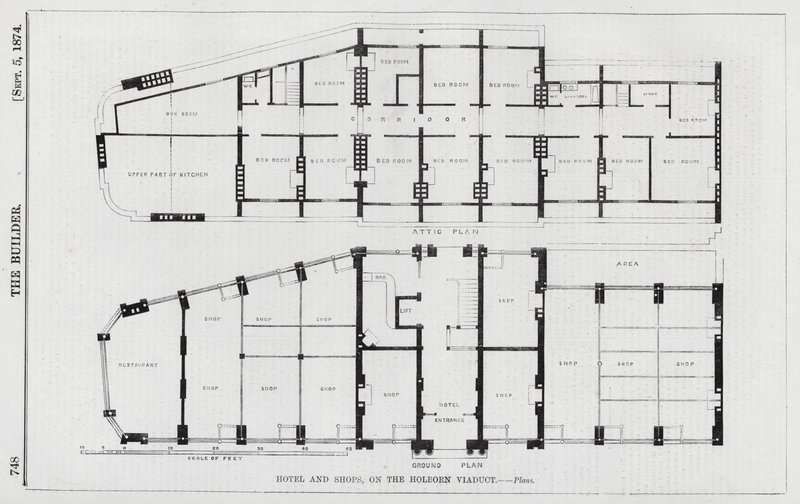 Hotel a obchody, na Holbornském viaduktu (rytina) od English School