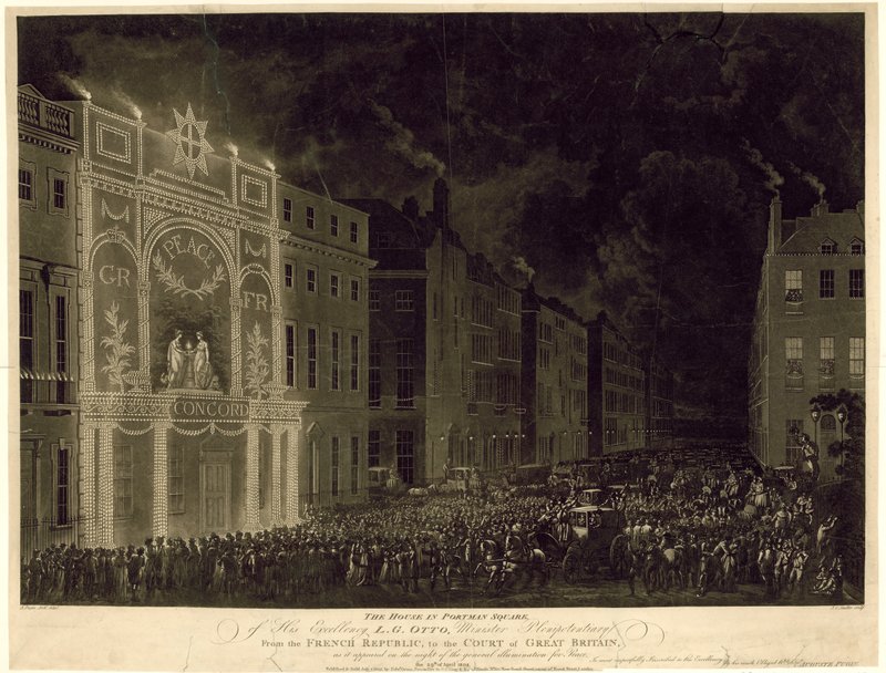 Dům francouzského velvyslance na Portman Square, osvětlený na oslavu míru, 29. dubna 1802 od English School