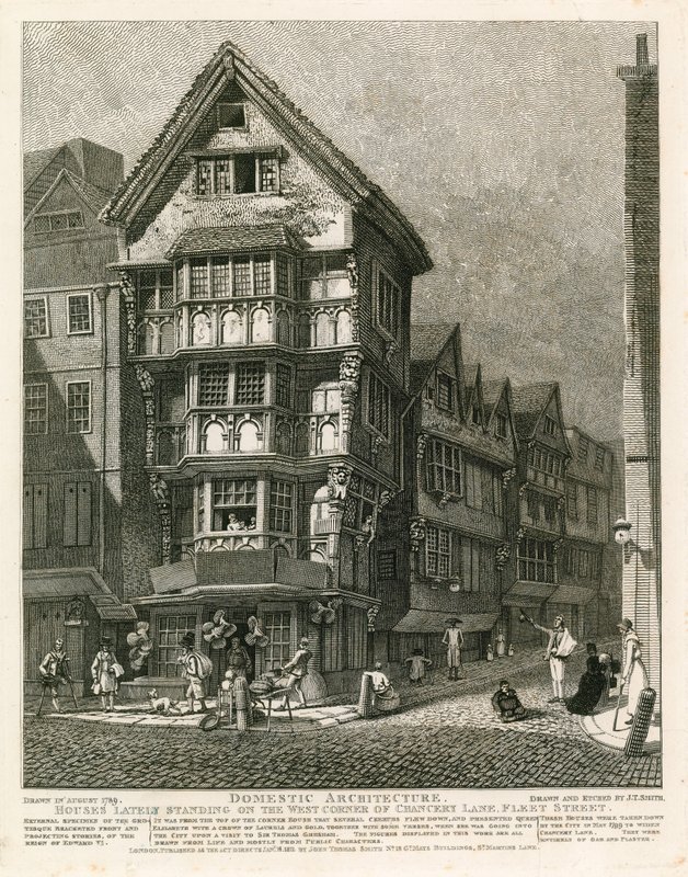 Domy v poslední době stojící na západním rohu Chancery Lane, Fleet Street, Londýn od English School
