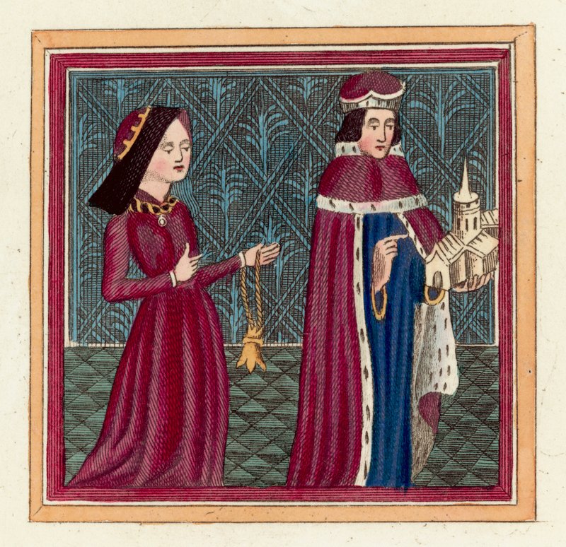 Humphrey vévoda z Gloucesteru a jeho druhá manželka Eleanor Cobham (barevná rytina) od English School