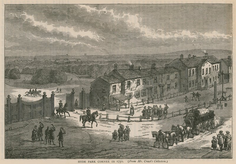 Hyde Park Corner v roce 1750 od English School