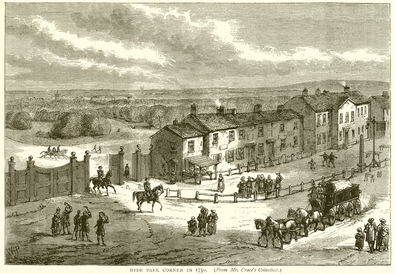 Hyde Park Corner v roce 1750 od English School