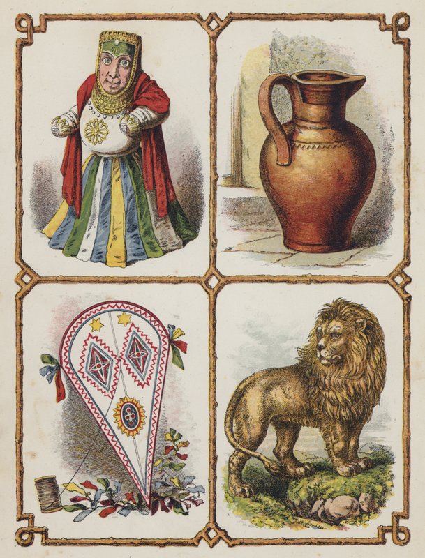 Idol, džbán, drak, lev (barevná litografie) od English School