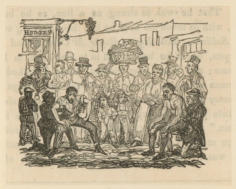Ilustrace zobrazující dav lidí sledujících boxerský zápas od English School