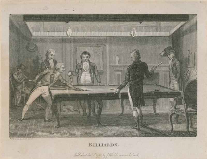 Ilustrace zobrazující skupinu mužů hrajících kulečník od English School