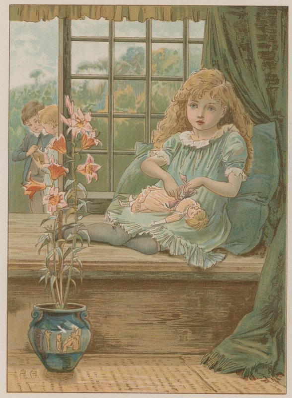 Ilustrace zobrazující mladou dívku sedící v sedadle u okna od English School