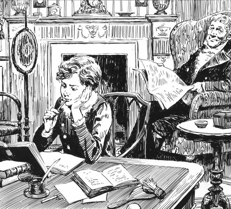 Ilustrace pro Oliver Twist od Charlese Dickense (pero a inkoust) od English School