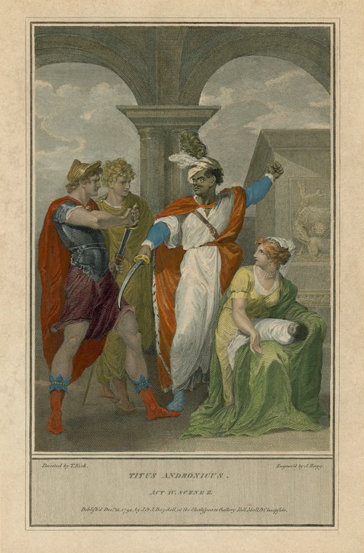Ilustrace pro Shakespearův Titus Andronicus, dějství IV, scéna 2 (barevná rytina) od English School