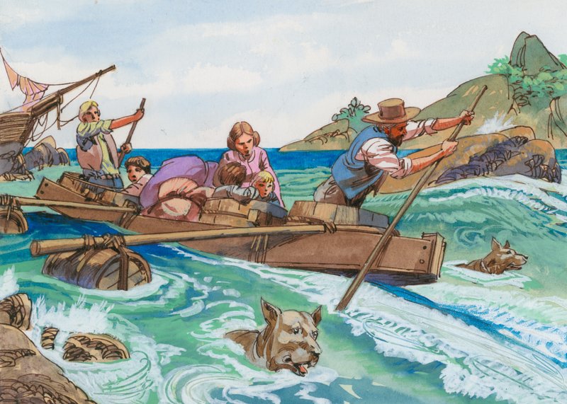 Ilustrace pro švýcarskou rodinu Robinsonů od English School