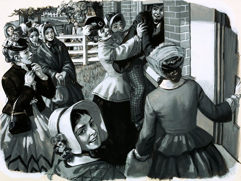 V roce 1848 Elizabeth Cady Stanton zorganizovala sufražetové setkání v New Yorku (kvaš na papíře) od English School