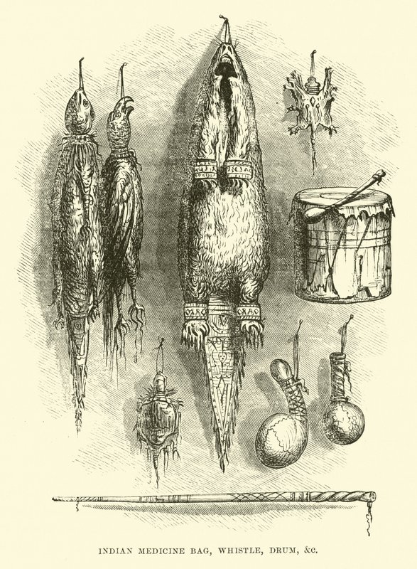 Indian Medicine Bag, Whistle, Drum, atd od English School