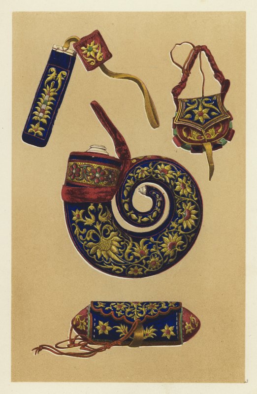 Indický Powder-Horn a tři kusy nábytku Matchlock (chromolitho) od English School