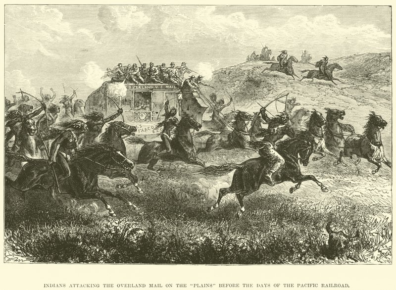 Indiáni útočící na Overland Mail na pláních před dny Pacifické železnice od English School