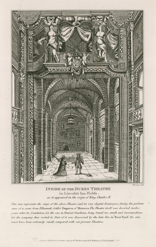 Uvnitř divadla Dukes v Lincolns Inn Fields, jak to vypadalo za vlády krále Karla II od English School