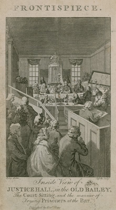 Vnitřní pohled na Justice Hall v Old Bailey, soudní zasedání a způsob zkoušení vězňů v baru od English School