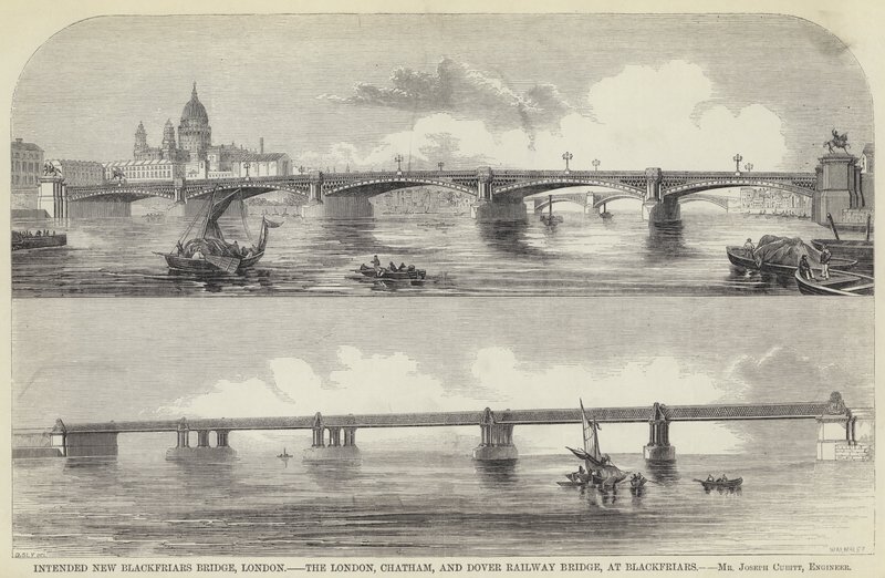 Zamýšlený New Blackfriars Bridge, Londýn, London, Chatham a Dover Railway Bridge, v Blackfriars (rytina) od English School