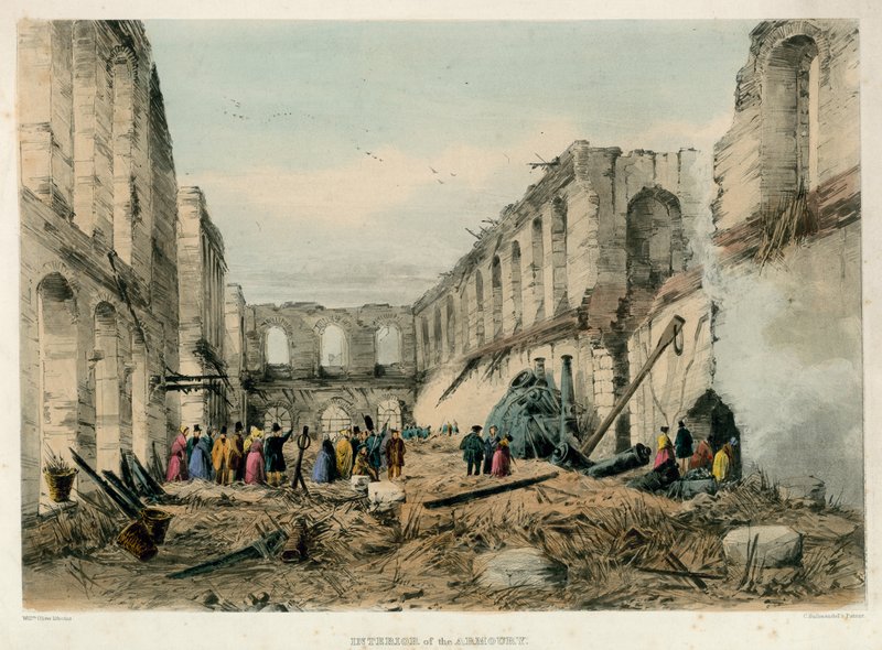 Interiér zbrojnice, požár londýnského Toweru, 1841 od English School