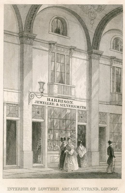 Interiér Lowther Arcade, Strand, Londýn, s Harrisonem, klenotníkem a stříbrníkem od English School