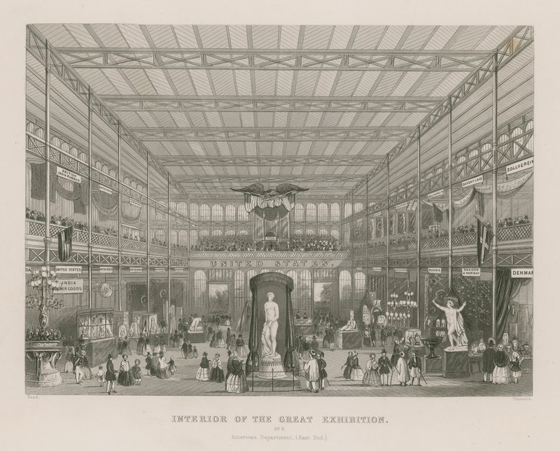 Interiér Velké výstavy, 1851, americké ministerstvo (East End) od English School