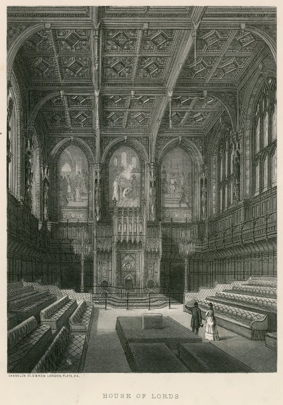 Interiér Sněmovny lordů, Westminster, Londýn od English School