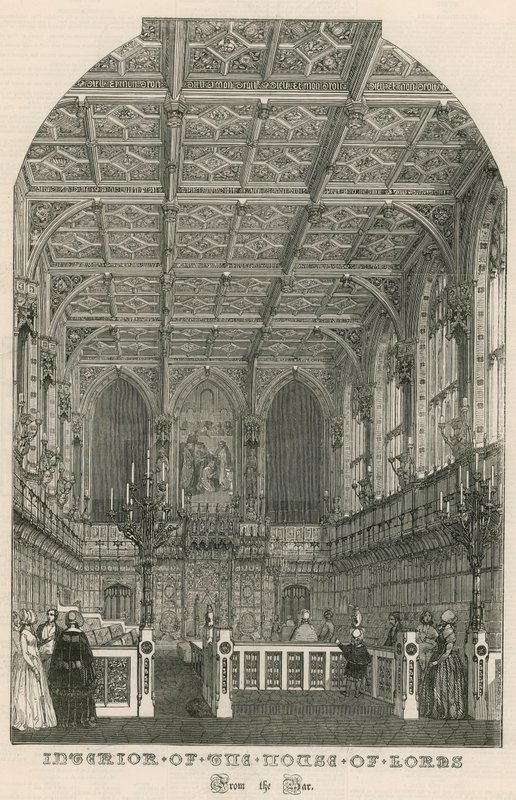 Interiér Sněmovny lordů, Westminster, Londýn, z baru od English School