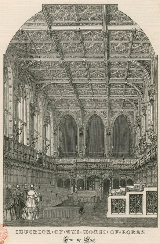 Interiér Sněmovny lordů, Westminster, Londýn, od jihu od English School