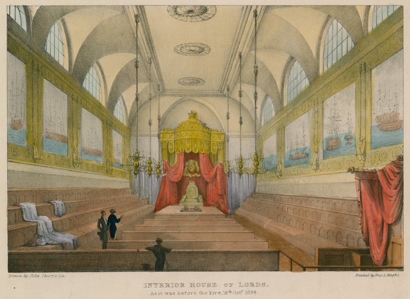 Interiér Sněmovny lordů tak, jak byl před požárem, 16. října 1834 od English School