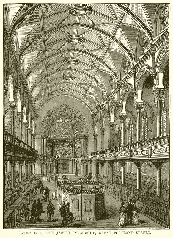 Interiér židovské synagogy, Great Portland Street od English School