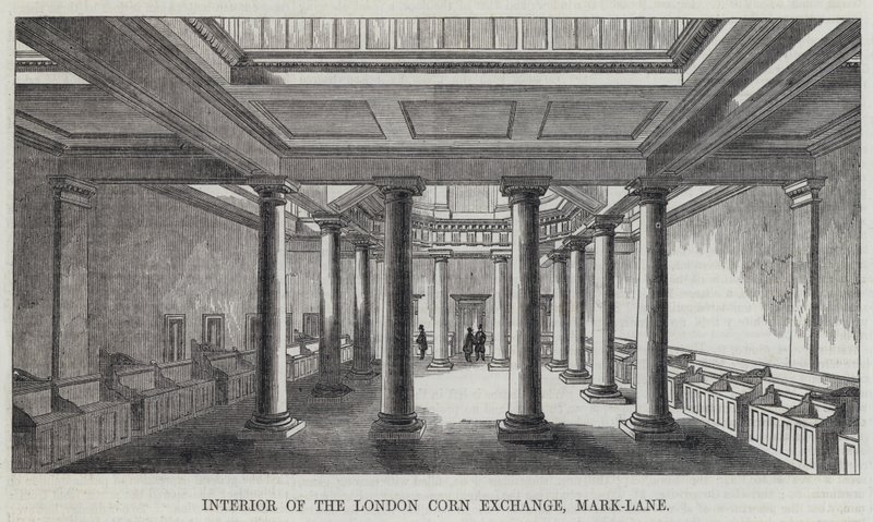 Interiér London Corn Exchange, Mark-Lane (rytina) od English School