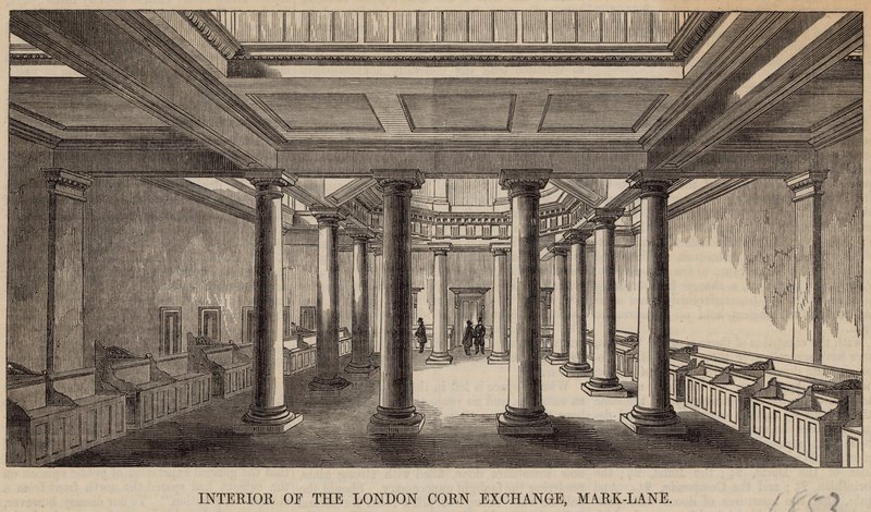 Interiér londýnské kukuřičné burzy, Mark Lane od English School