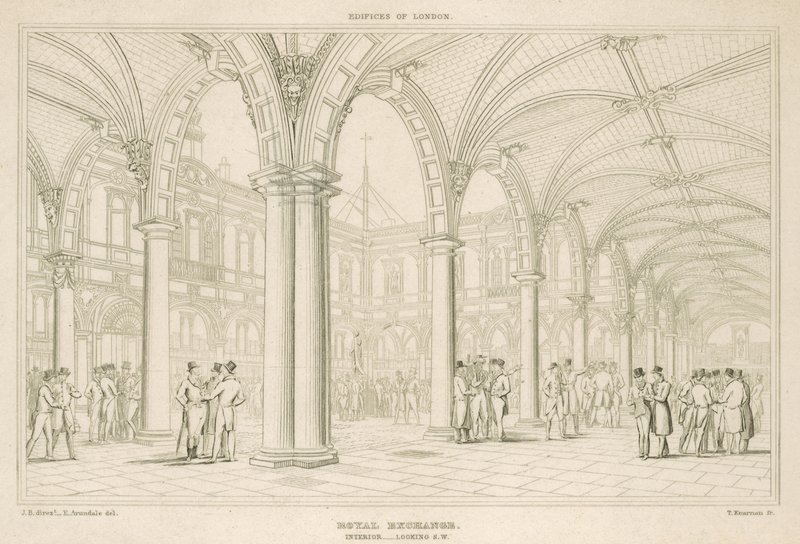 Interiér Royal Exchange, Londýn, při pohledu na jihozápad od English School