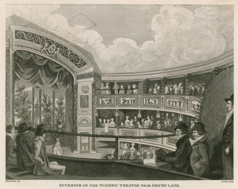 Interiér Royal Olympic Theatre, Wych Street, poblíž Drury Lane, Londýn od English School