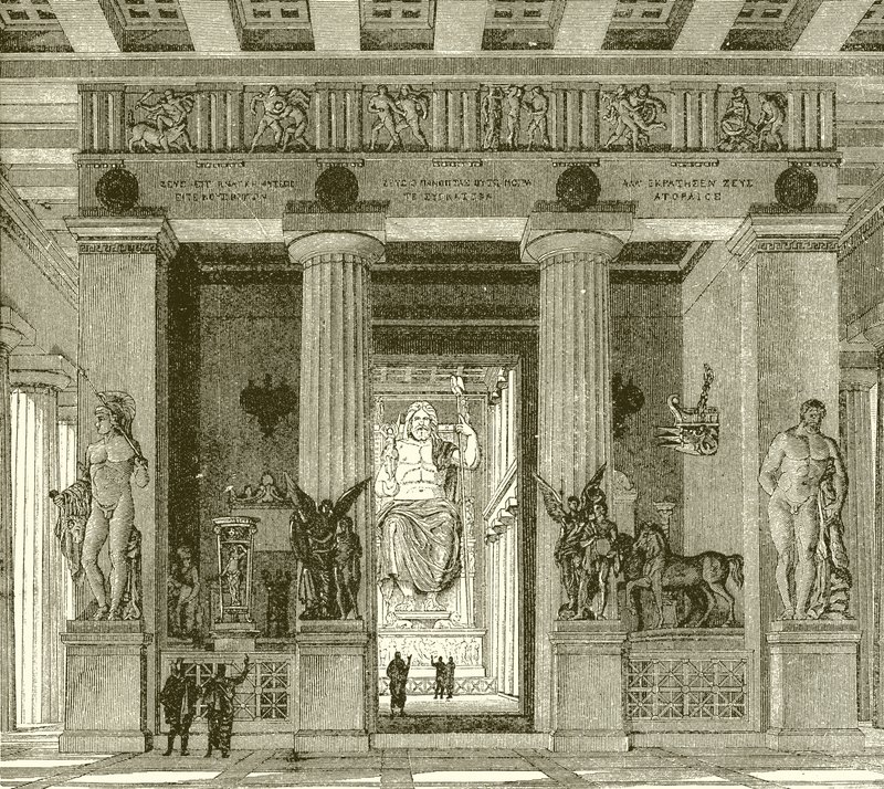 Interiér nádherného Diova chrámu v Olympii od English School
