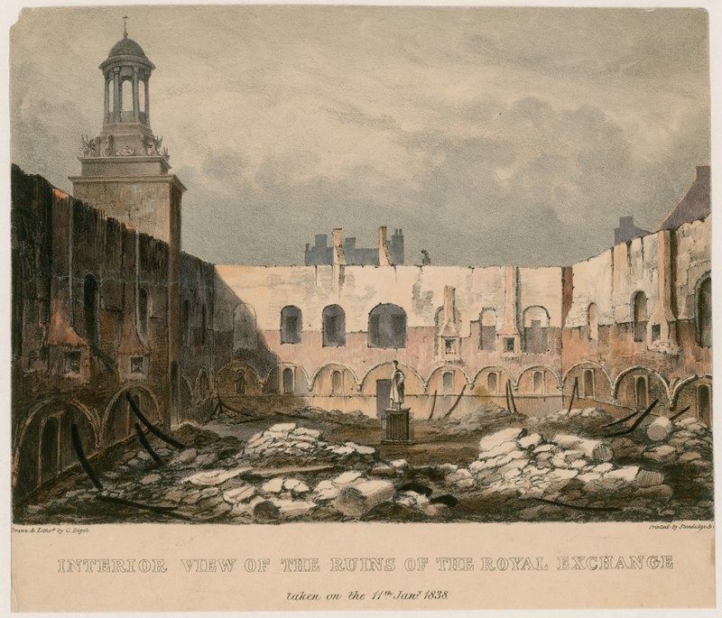 Vnitřní pohled na ruiny Royal Exchange v Londýně, pořízený 11. ledna 1838 od English School