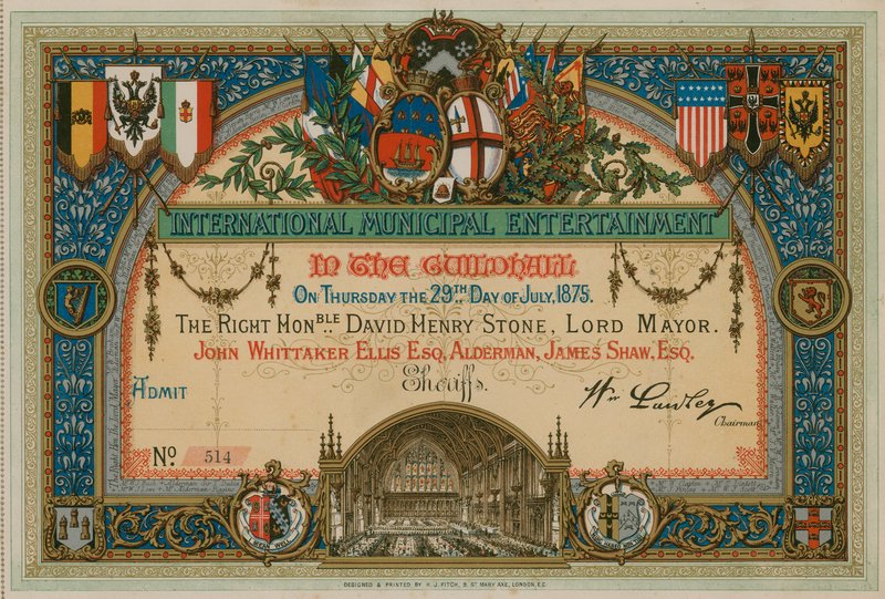 Pozvánka na International Municipal Entertainment v Guildhall, Londýn, dne 29. července 1875 od English School
