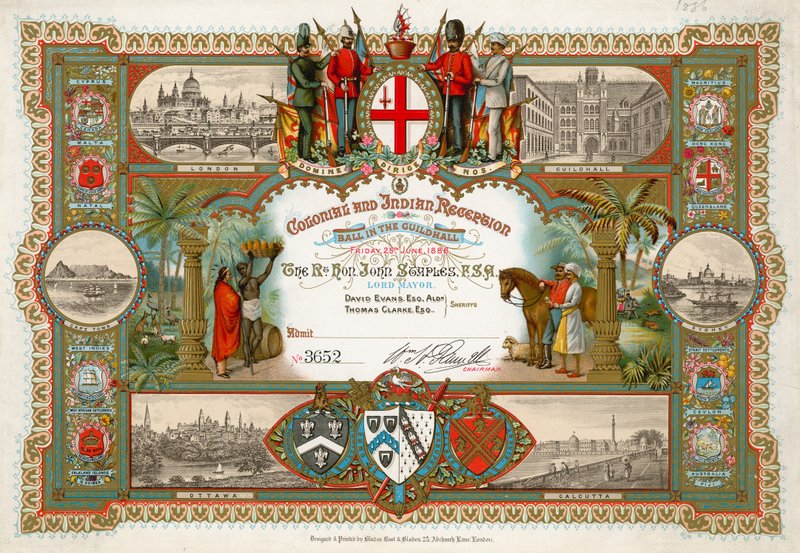 Pozvánka na koloniální a indickou recepci v Guildhall v Londýně dne 25. června 1886 od English School