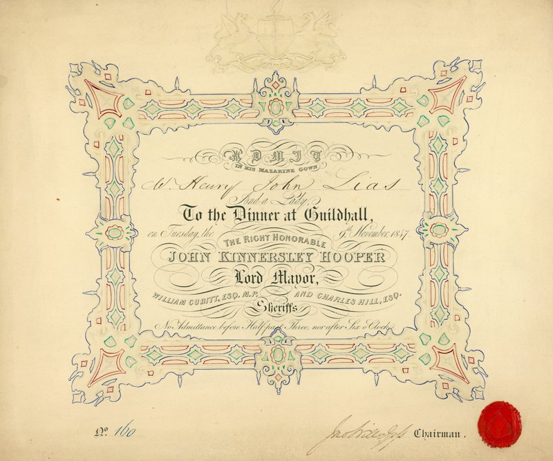 Pozvánka na banket v londýnské Guildhall dne 9. listopadu 1847 od English School
