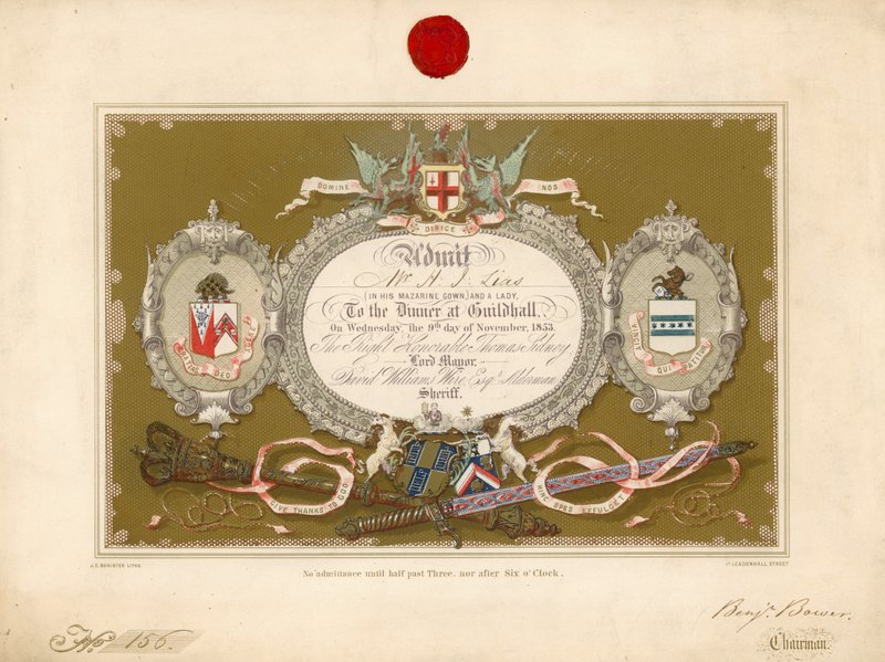 Pozvánka na banket v Guildhall v Londýně dne 9. listopadu 1853 od English School