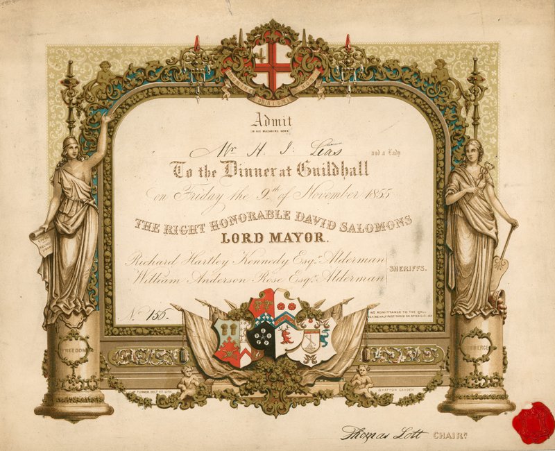 Pozvánka na banket v Guildhall v Londýně dne 9. listopadu 1855 od English School