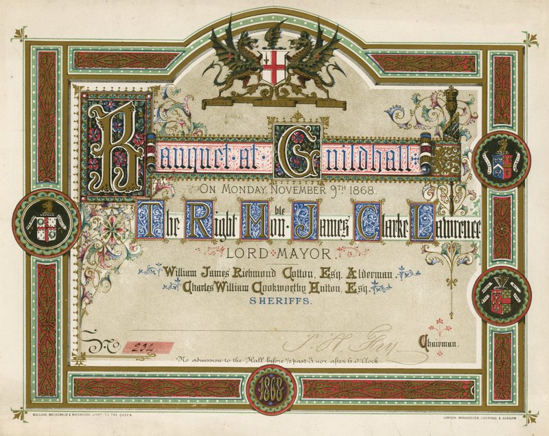 Pozvánka na banket v Guildhall v Londýně dne 9. listopadu 1868 od English School