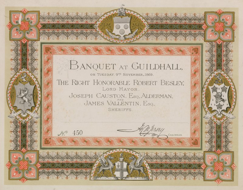 Pozvánka na banket v Guildhall v Londýně dne 9. listopadu 1869 od English School