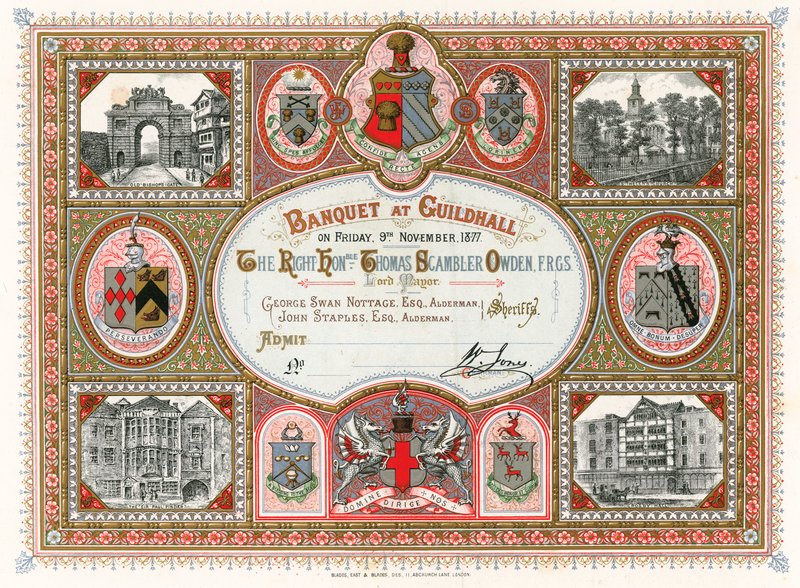 Pozvánka na banket v Guildhall v Londýně dne 9. listopadu 1877 od English School