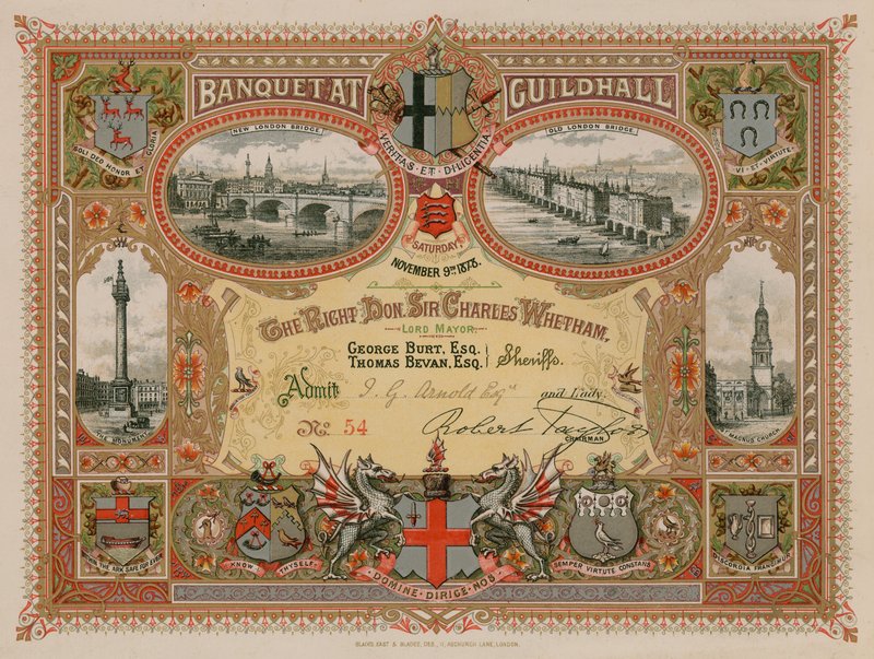Pozvánka na banket v Guildhall v Londýně dne 9. listopadu 1878 od English School