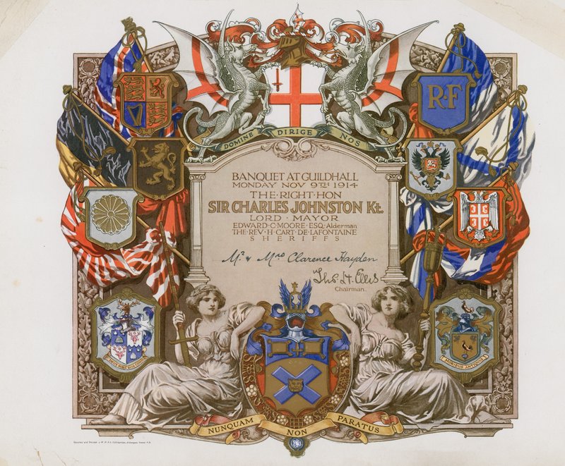 Pozvánka na banket v Guildhall v Londýně dne 9. listopadu 1914 od English School