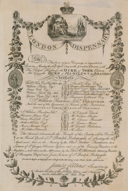 Pozvánka na večeři pořádanou London Dispensary v London Tavern, 16. dubna 1804 od English School