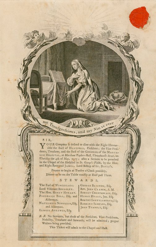Pozvánka na večeři s pravým ctihodným hrabětem z Hertfordu dne 4. května 1775 od English School