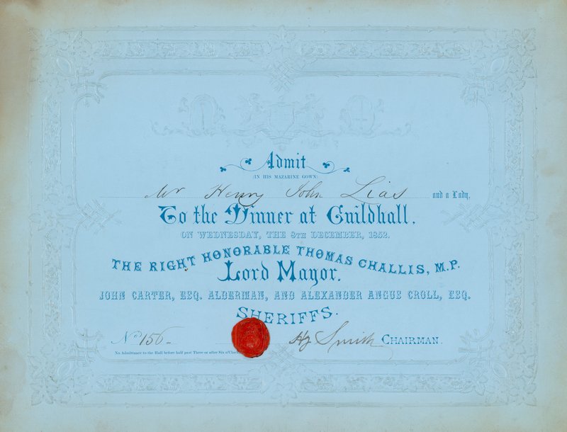 Pozvánka na večeři v Guildhall v Londýně dne 8. prosince 1852 od English School