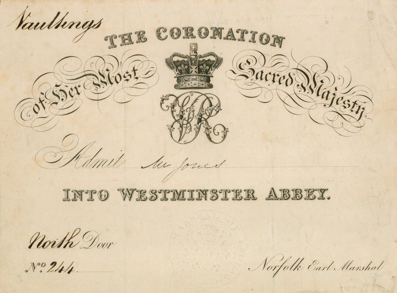 Pozvánka na korunovaci Jejího nejsvětějšího Veličenstva ve Westminsterském opatství, 28. června 1838 od English School