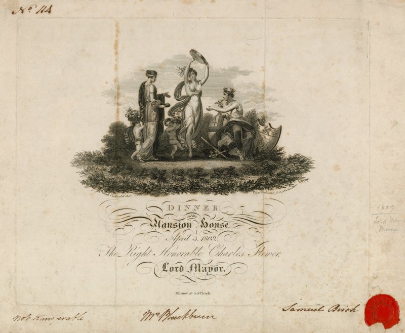 Pozvánka na Lord Mayors Dinner v Mansion House, Londýn, 3. dubna 1809 od English School